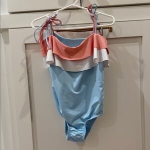 Bella bliss Girls' Light Blue One-Piece Swimsuit with tangerine & White Ruffle